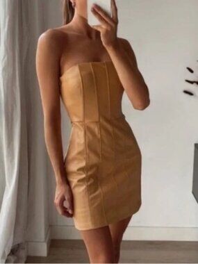 ZARA Faux Leather Strapless Mini Dress in Caramel Tan S